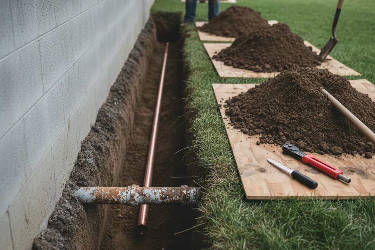 Excavated water line trench during Water Softener Installation in West Suffield